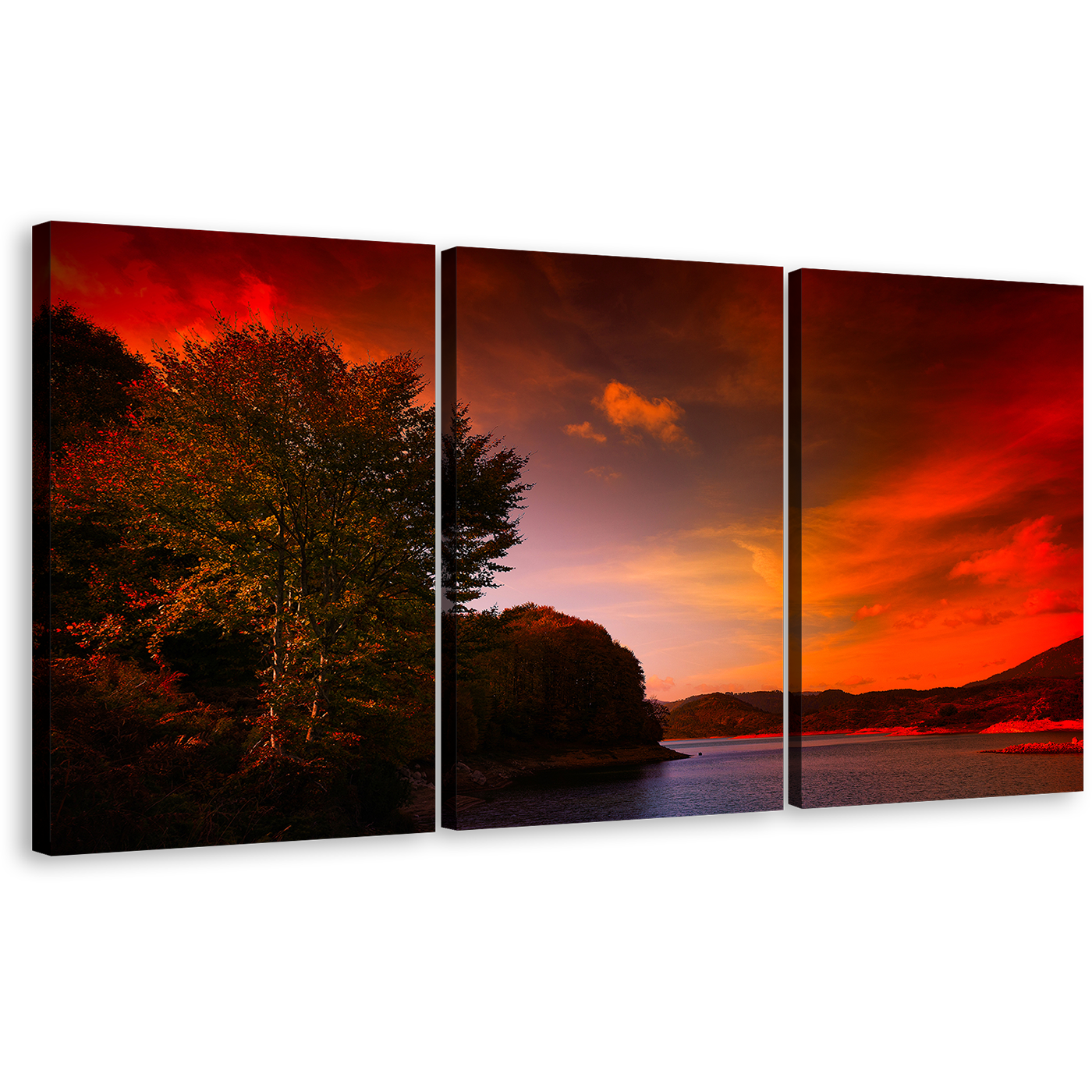 Lake Mountain Wall Art, Green Trees Mountain River Split Multi Canvas, Dramatic Red Clouds Sky Landscape 3 Piece Canvas Print