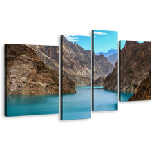 Load image into Gallery viewer, Lake Mountains Wall Art, Sea Green Attabad Lake 4 Piece Canvas Print, Brown Pakistan Ocean Mountains Multiple Canvas
