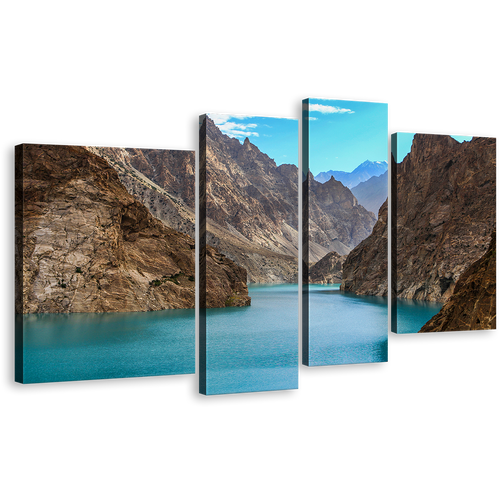 Lake Mountains Wall Art, Sea Green Attabad Lake 4 Piece Canvas Print, Brown Pakistan Ocean Mountains Multiple Canvas