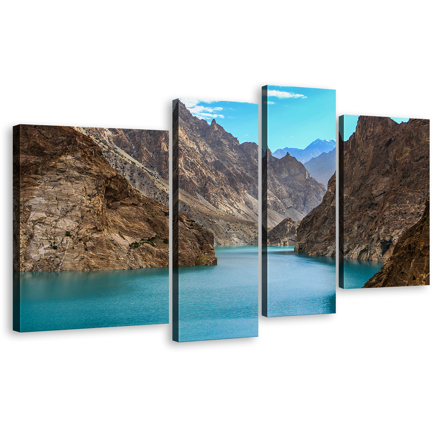 Lake Mountains Wall Art, Sea Green Attabad Lake 4 Piece Canvas Print, Brown Pakistan Ocean Mountains Multiple Canvas