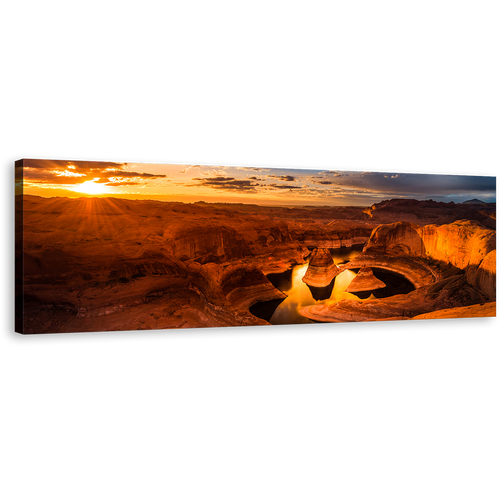 Lake Powell Canvas Wall Art, Yellow Cloudy Desert Sunset Sky 1 Piece Canvas Print, Brown Utah Desert Mountain Canvas Artwork