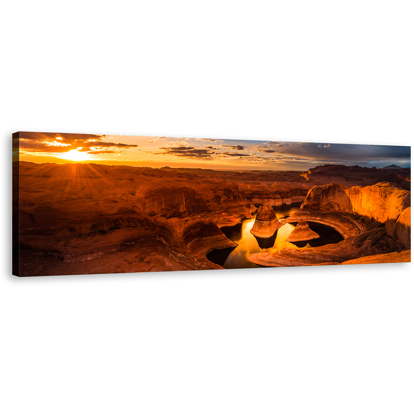 Lake Powell Canvas Wall Art, Yellow Cloudy Desert Sunset Sky 1 Piece Canvas Print, Brown Utah Desert Mountain Canvas Artwork