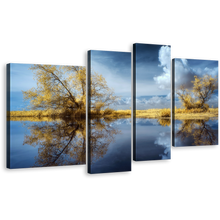 Load image into Gallery viewer, Lake Scenery Canvas Wall Art, Green Trees Scenery Multi Panel Canvas, Blue Sky Clouds Reflection Scenery 4 Piece Canvas Print
