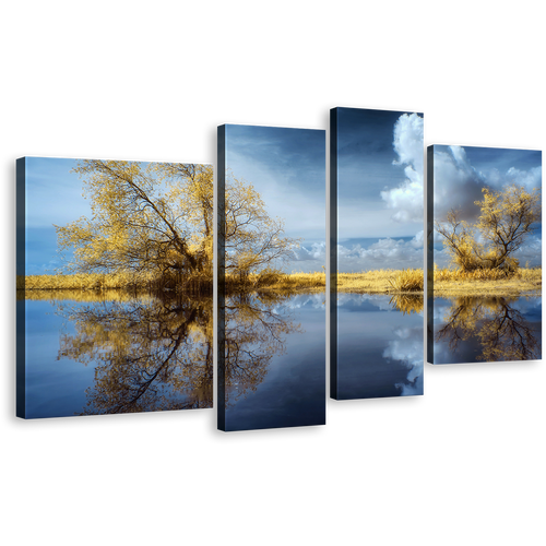 Lake Scenery Canvas Wall Art, Green Trees Scenery Multi Panel Canvas, Blue Sky Clouds Reflection Scenery 4 Piece Canvas Print