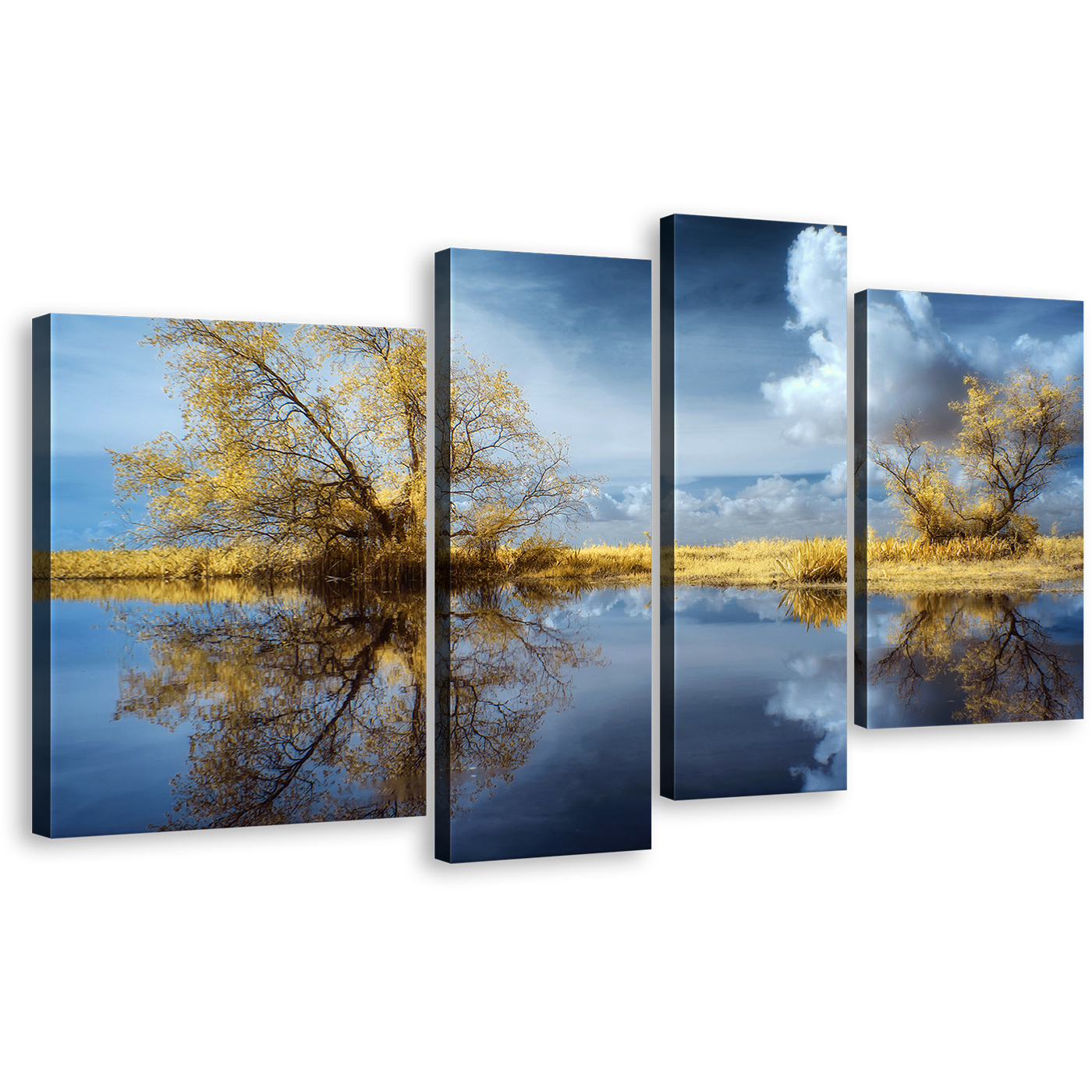 Lake Scenery Canvas Wall Art, Green Trees Scenery Multi Panel Canvas, Blue Sky Clouds Reflection Scenery 4 Piece Canvas Print