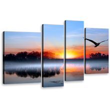 Load image into Gallery viewer, Lake Sunset Canvas Wall Art, Orange Sunset Flying Bird 4 Piece Canvas, Birds Silhouettes Canvas Set, Blue Sky Trees Reflection Canvas Print
