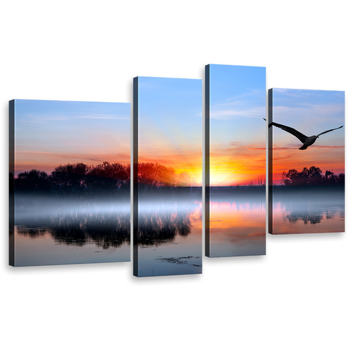 Lake Sunset Canvas Wall Art, Orange Sunset Flying Bird 4 Piece Canvas, Birds Silhouettes Canvas Set, Blue Sky Trees Reflection Canvas Print