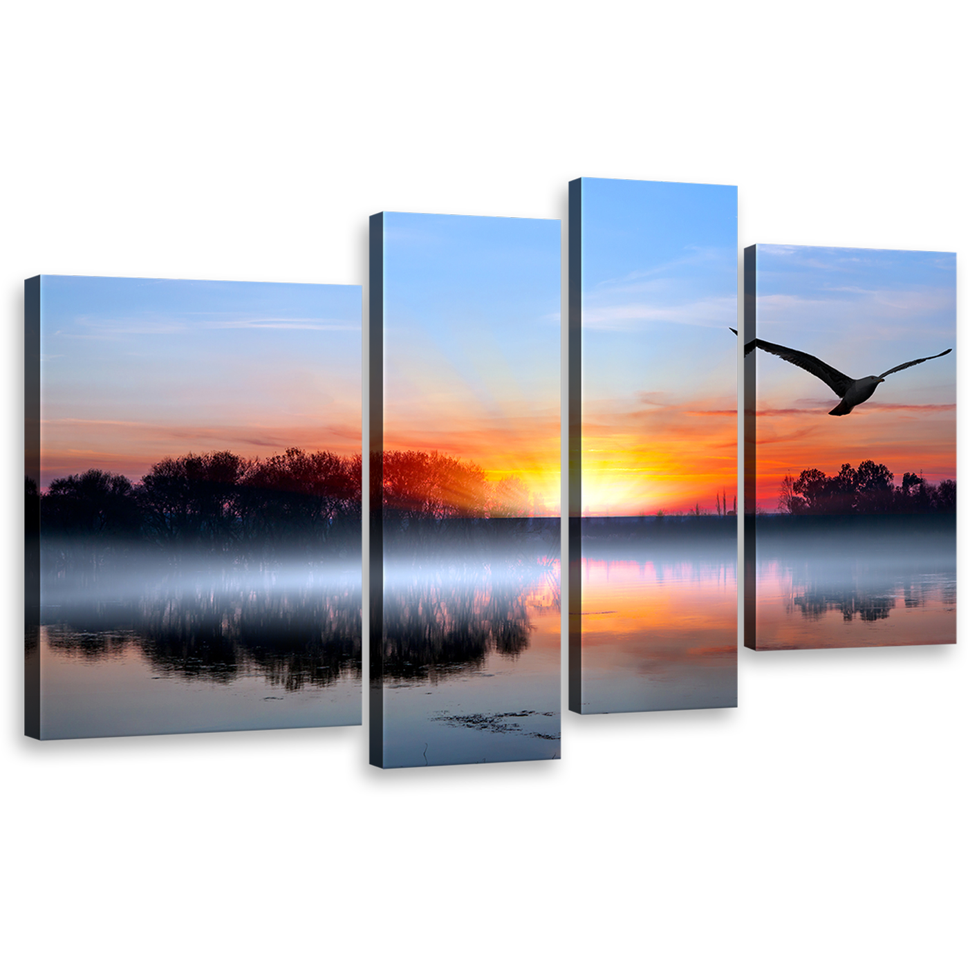 Lake Sunset Canvas Wall Art, Orange Sunset Flying Bird 4 Piece Canvas, Birds Silhouettes Canvas Set, Blue Sky Trees Reflection Canvas Print