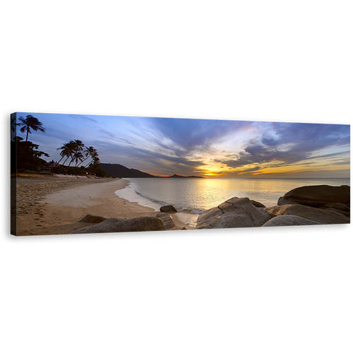 Lamai Beach Canvas Wall Art, Thailand Yellow Sunset Ocean Panoramic Canvas Print, Brown Koh Samui Island Wide Canvas