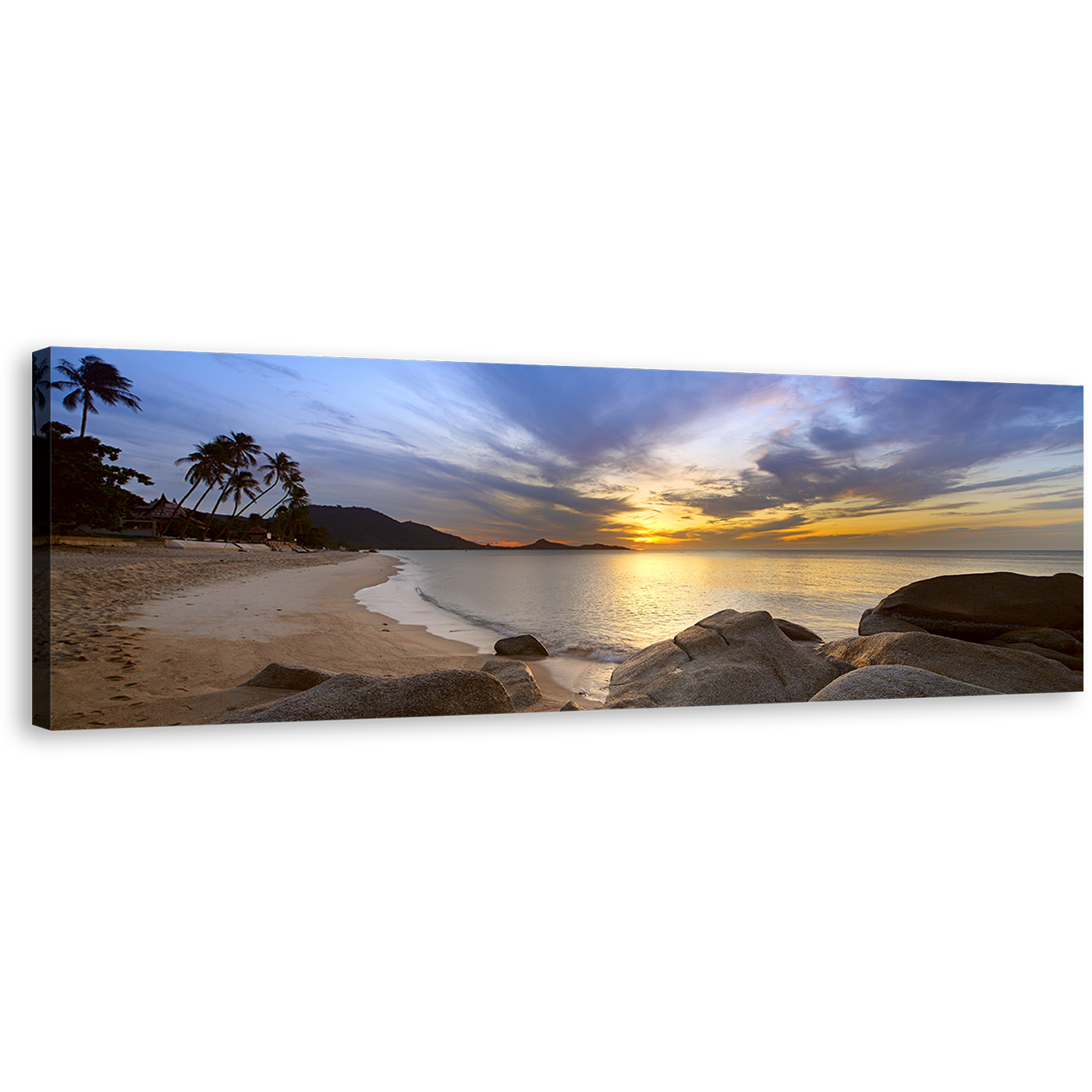 Lamai Beach Canvas Wall Art, Thailand Yellow Sunset Ocean Panoramic Canvas Print, Brown Koh Samui Island Wide Canvas