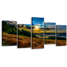 Load image into Gallery viewer, Landscape Horizon Canvas Wall Art, Cloudy Yellow Sunrise Landscape Valley Canvas Print, Green Trees Mountain Scenery 5 Piece Canvas
