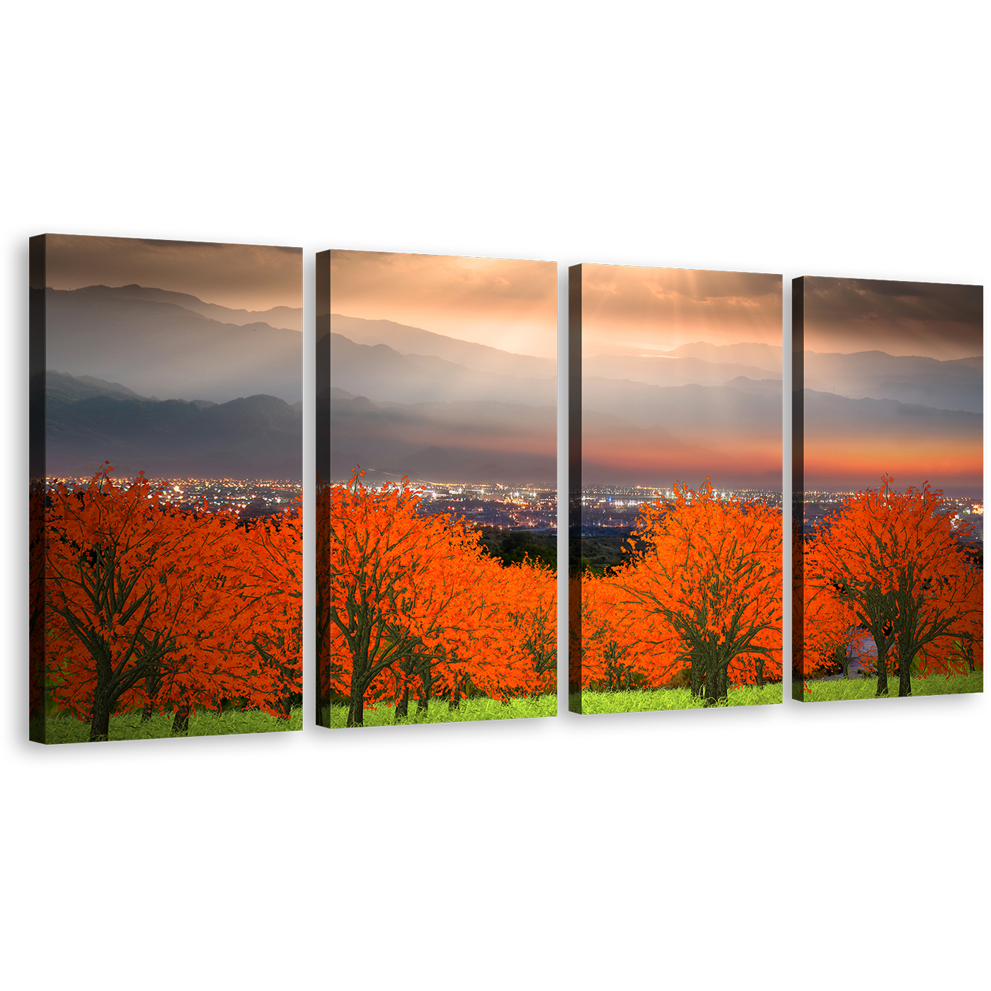 Landscape Scenery Canvas Print, Dramatic Grey Sky Cityscape Multi Canvas, Beautiful Orange Trees Landscape 4 Piece Wall Art