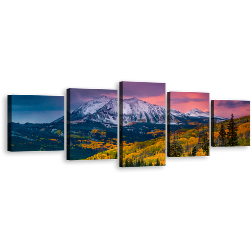 Landscape Scenery Canvas Print, Green Autumn Colorado Landscape 5 Piece Canvas Wall Art, White Fall Mountains Multiple Canvas