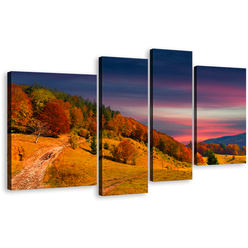 Landscape Scenery Canvas Wall Art, Orange Trees Mountain Sky 4 Piece Multi Canvas, Blue Sky Clouds Canvas Set, Colorful Autumn Canvas Print