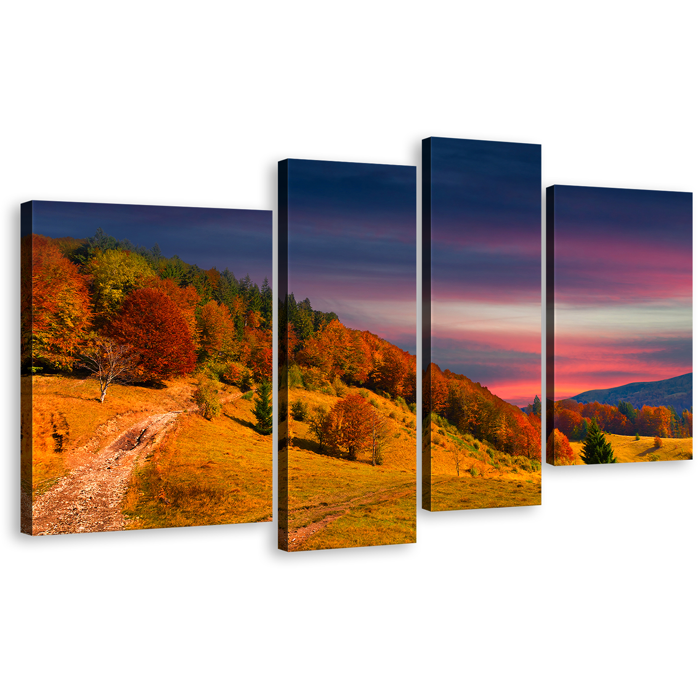 Landscape Scenery Canvas Wall Art, Orange Trees Mountain Sky 4 Piece Multi Canvas, Blue Sky Clouds Canvas Set, Colorful Autumn Canvas Print