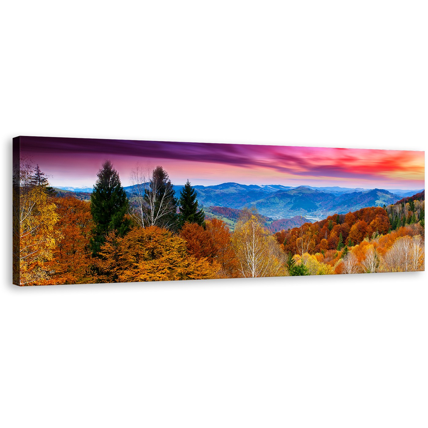 Landscape Scenery Wall Art, Dramatic Sky Blue Mountain Panoramic Canvas Print, Beautiful Orange Trees Canvas Art