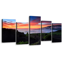 Load image into Gallery viewer, Landscape Sunset Canvas Wall Art, Europe Yellow Cloudy Sunset Mountains Canvas Print, Green La Palma Spain Landscape 5 Piece Canvas
