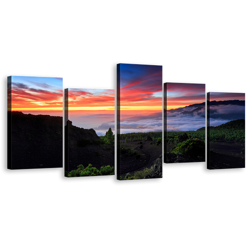 Landscape Sunset Canvas Wall Art, Europe Yellow Cloudy Sunset Mountains Canvas Print, Green La Palma Spain Landscape 5 Piece Canvas