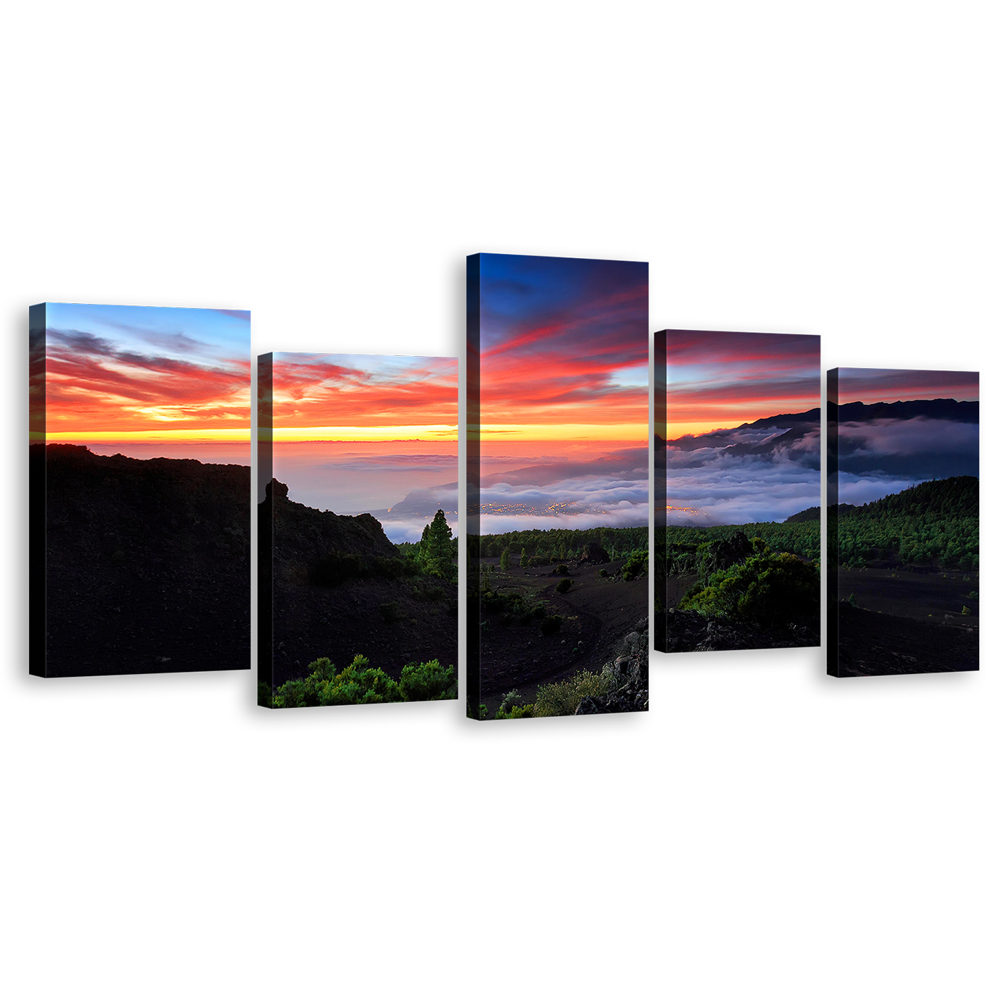 Landscape Sunset Canvas Wall Art, Europe Yellow Cloudy Sunset Mountains Canvas Print, Green La Palma Spain Landscape 5 Piece Canvas