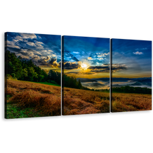 Load image into Gallery viewer, Landscape Valley Canvas Wall Art, Dramatic Yellow Cloudy Sunrise Sky Multi Canvas, Green Trees Mountain Scenery Multi Canvas Artwork, Hills Landscape Horizon 3 Piece Canvas Print
