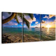 Load image into Gallery viewer, Lanikai Beach Canvas Wall Art, Ocean Beach in Kailua Triptych Canvas Print, Colorful Hawaii Ocean 3 Piece Canvas Set
