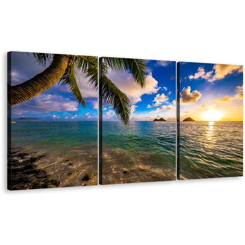 Lanikai Beach Canvas Wall Art, Ocean Beach in Kailua Triptych Canvas Print, Colorful Hawaii Ocean 3 Piece Canvas Set