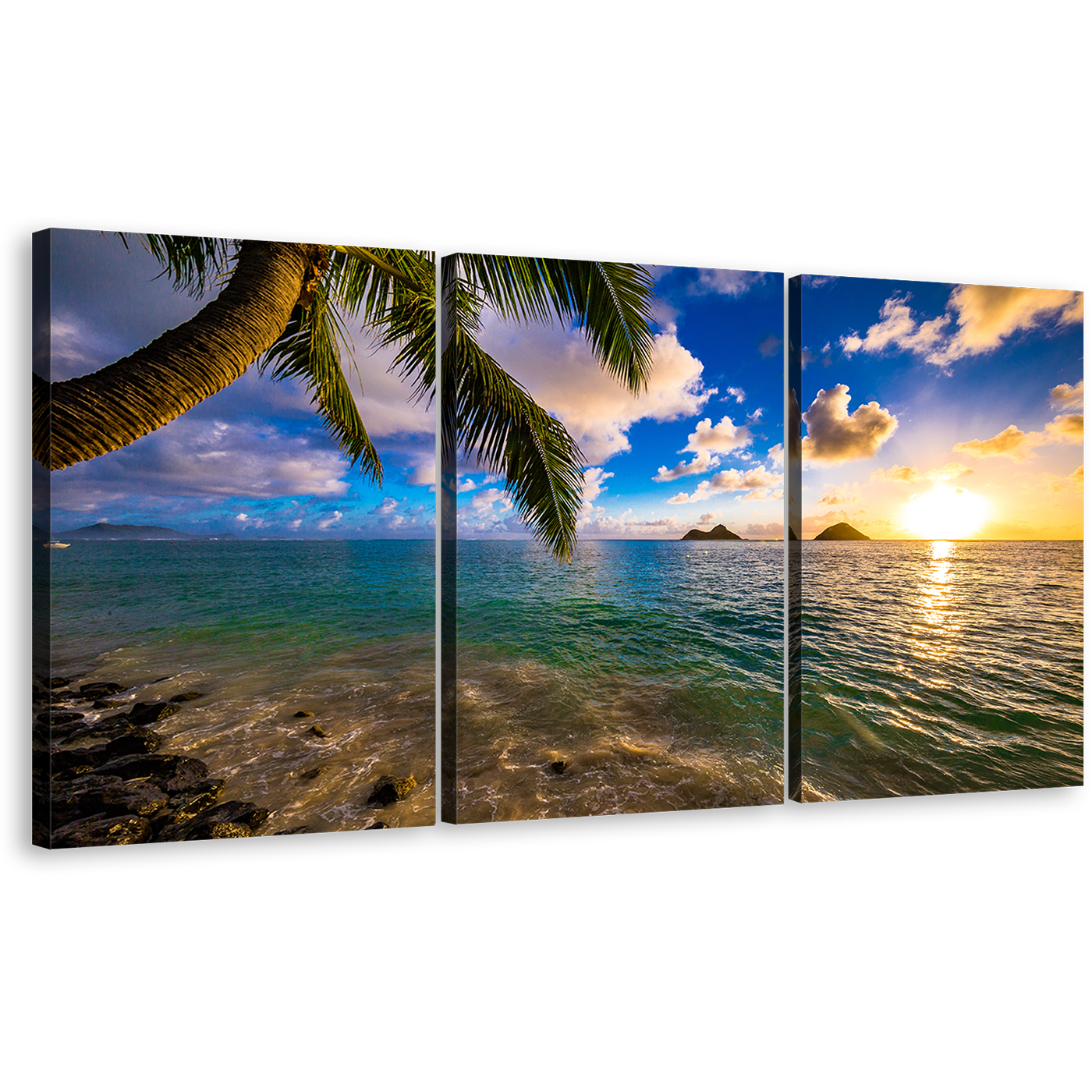 Lanikai Beach Canvas Wall Art, Ocean Beach in Kailua Triptych Canvas Print, Colorful Hawaii Ocean 3 Piece Canvas Set