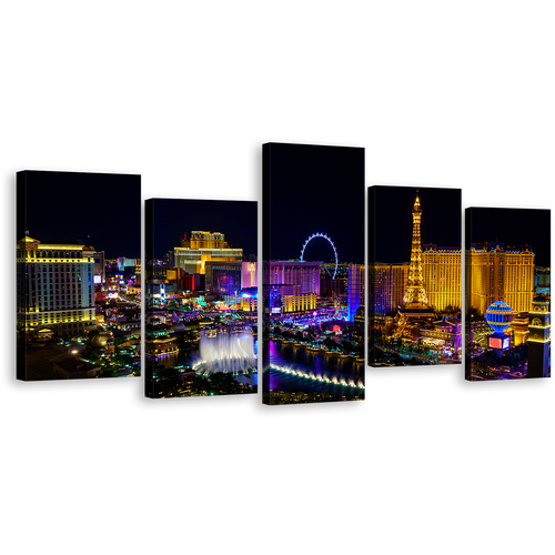 Las Vegas Canvas Wall Art, Blue Las Vegas Skyline 5 Piece Canvas Print, Beautiful Nevada Black Night Sky Canvas Set