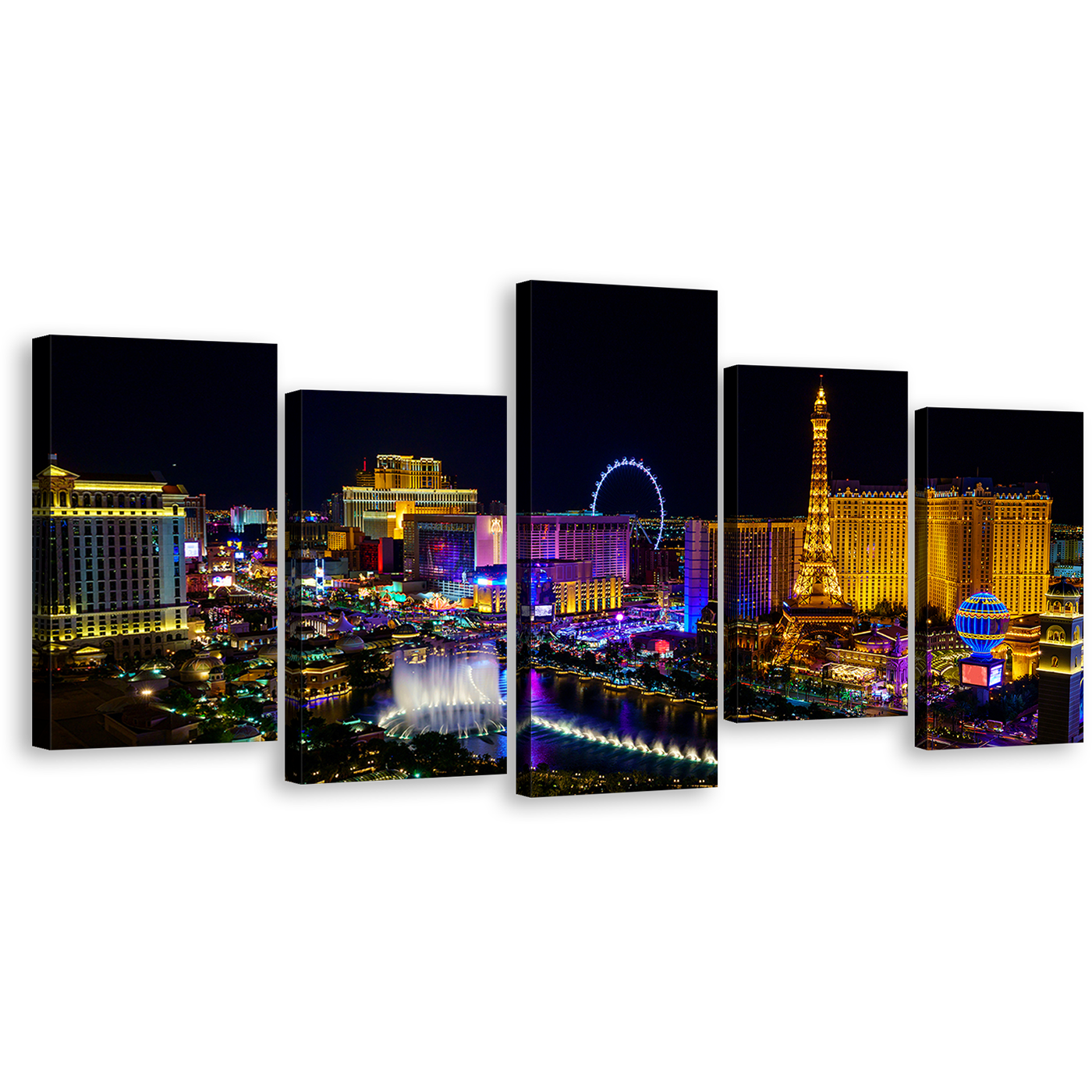 Las Vegas Canvas Wall Art, Blue Las Vegas Skyline 5 Piece Canvas Print, Beautiful Nevada Black Night Sky Canvas Set