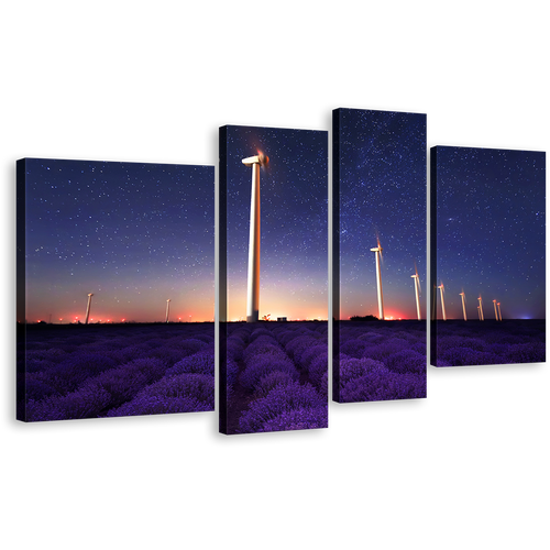 Lavender Field Wall Art, Blue Night Stars Wind Farm Canvas Set, Purple Lavender Windmill Landscape 4 Piece Canvas Print