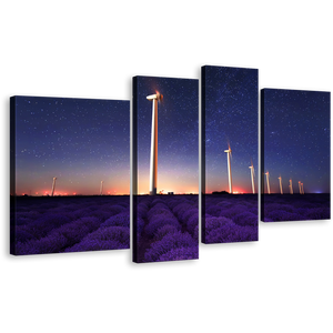 Lavender Field Wall Art, Blue Night Stars Wind Farm Canvas Set, Purple Lavender Windmill Landscape 4 Piece Canvas Print