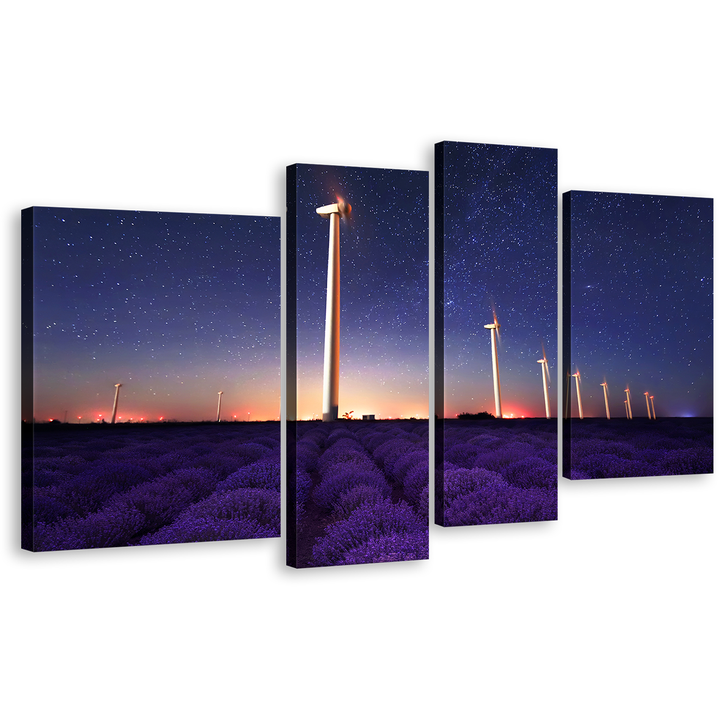 Lavender Field Wall Art, Blue Night Stars Wind Farm Canvas Set, Purple Lavender Windmill Landscape 4 Piece Canvas Print