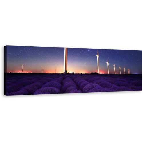 Lavender Field Wall Art, Purple Lavender Landscape Panoramic Canvas Art, Blue Wind Farm Night Stars Canvas Print