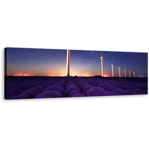 Lavender Field Wall Art, Purple Lavender Landscape Panoramic Canvas Art, Blue Wind Farm Night Stars Canvas Print