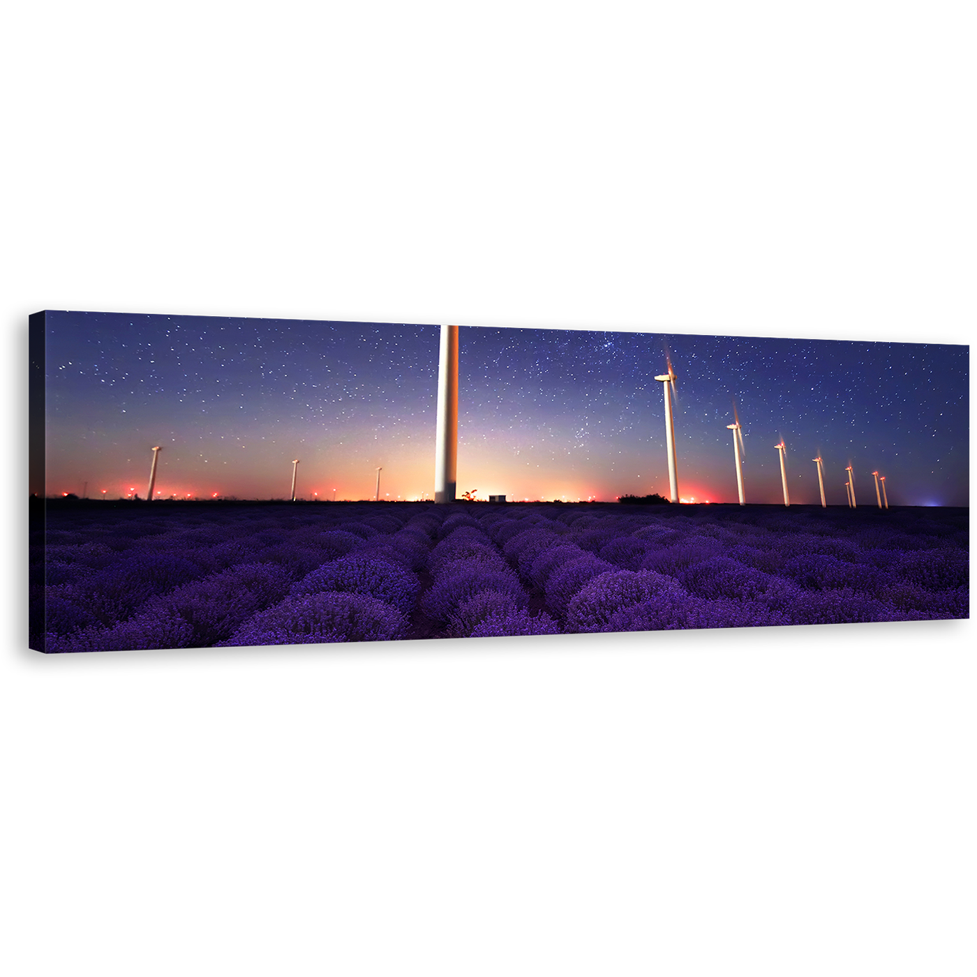 Lavender Field Wall Art, Purple Lavender Landscape Panoramic Canvas Art, Blue Wind Farm Night Stars Canvas Print