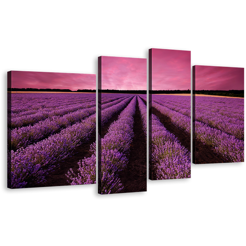 Lavender Fields Canvas Wall Art, Purple Fields Scenery Sunrise 4 Piece Multi Canvas, Beautiful Black Valensole Plateau Landscape Canvas Print