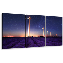 Load image into Gallery viewer, Lavender Landscape Canvas Print, Orange Sunset Windmill Wall Art, Purple Lavender Field 3 Piece Multi Canvas
