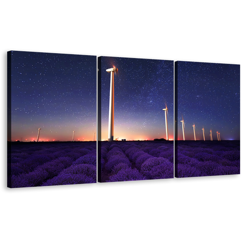 Lavender Landscape Canvas Print, Orange Sunset Windmill Wall Art, Purple Lavender Field 3 Piece Multi Canvas