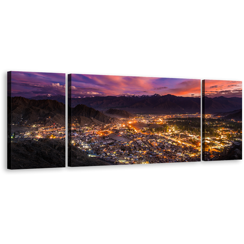 Leh Ladakh Canvas Print, Yellow Mountains Town 3 Piece Canvas Wall Art, India Blue Sky Ladakh City Triptych Multi Canvas Artwork