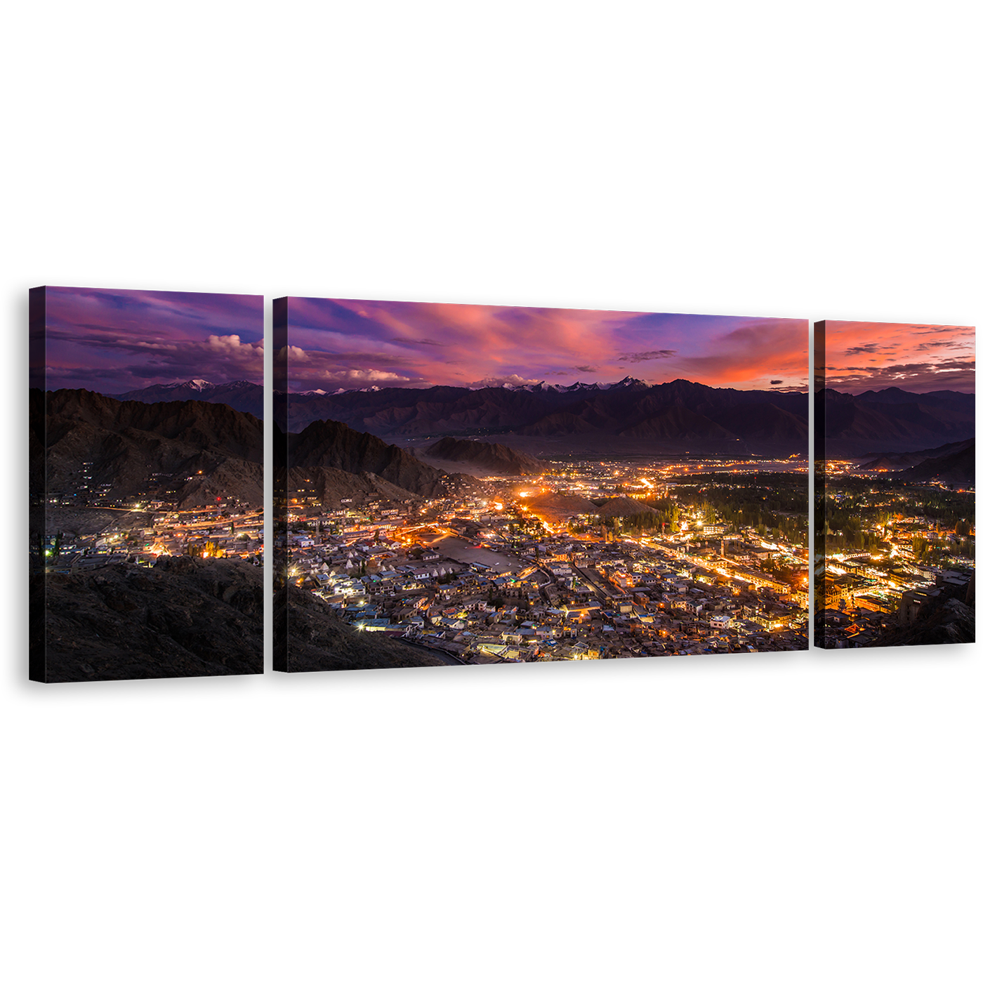 Leh Ladakh Canvas Print, Yellow Mountains Town 3 Piece Canvas Wall Art, India Blue Sky Ladakh City Triptych Multi Canvas Artwork