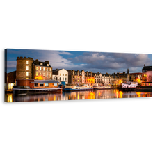 Load image into Gallery viewer, Leith City Wall Art, Brown Scotland Houses Canvas Art, Blue Cloudy Sky Edinburgh Canal Water Reflection 1 Piece Canvas Print
