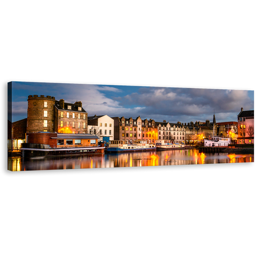 Leith City Wall Art, Brown Scotland Houses Canvas Art, Blue Cloudy Sky Edinburgh Canal Water Reflection 1 Piece Canvas Print