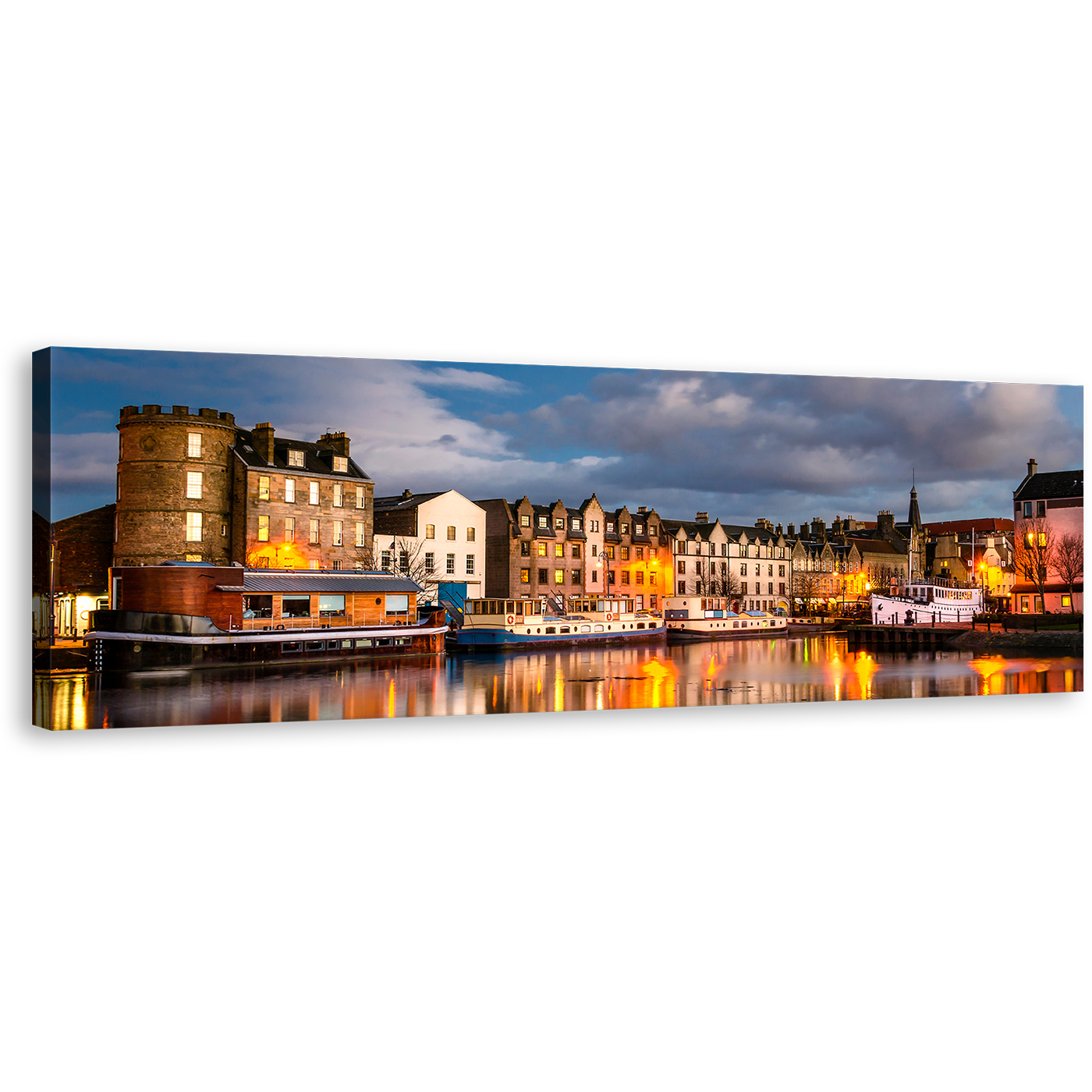 Leith City Wall Art, Brown Scotland Houses Canvas Art, Blue Cloudy Sky Edinburgh Canal Water Reflection 1 Piece Canvas Print