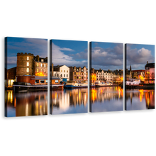 Load image into Gallery viewer, Leith Docks Canvas Print, Edinburgh Blue Cloudy Sky Canal Water Reflection 4 Piece Wall Art, Brown Scotland Houses 4 Piece Multiple Canvas
