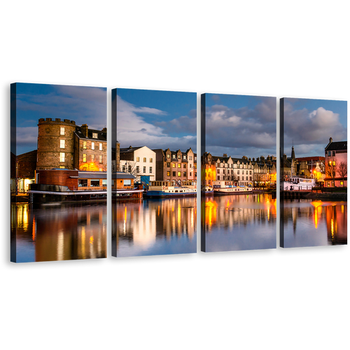 Leith Docks Canvas Print, Edinburgh Blue Cloudy Sky Canal Water Reflection 4 Piece Wall Art, Brown Scotland Houses 4 Piece Multiple Canvas