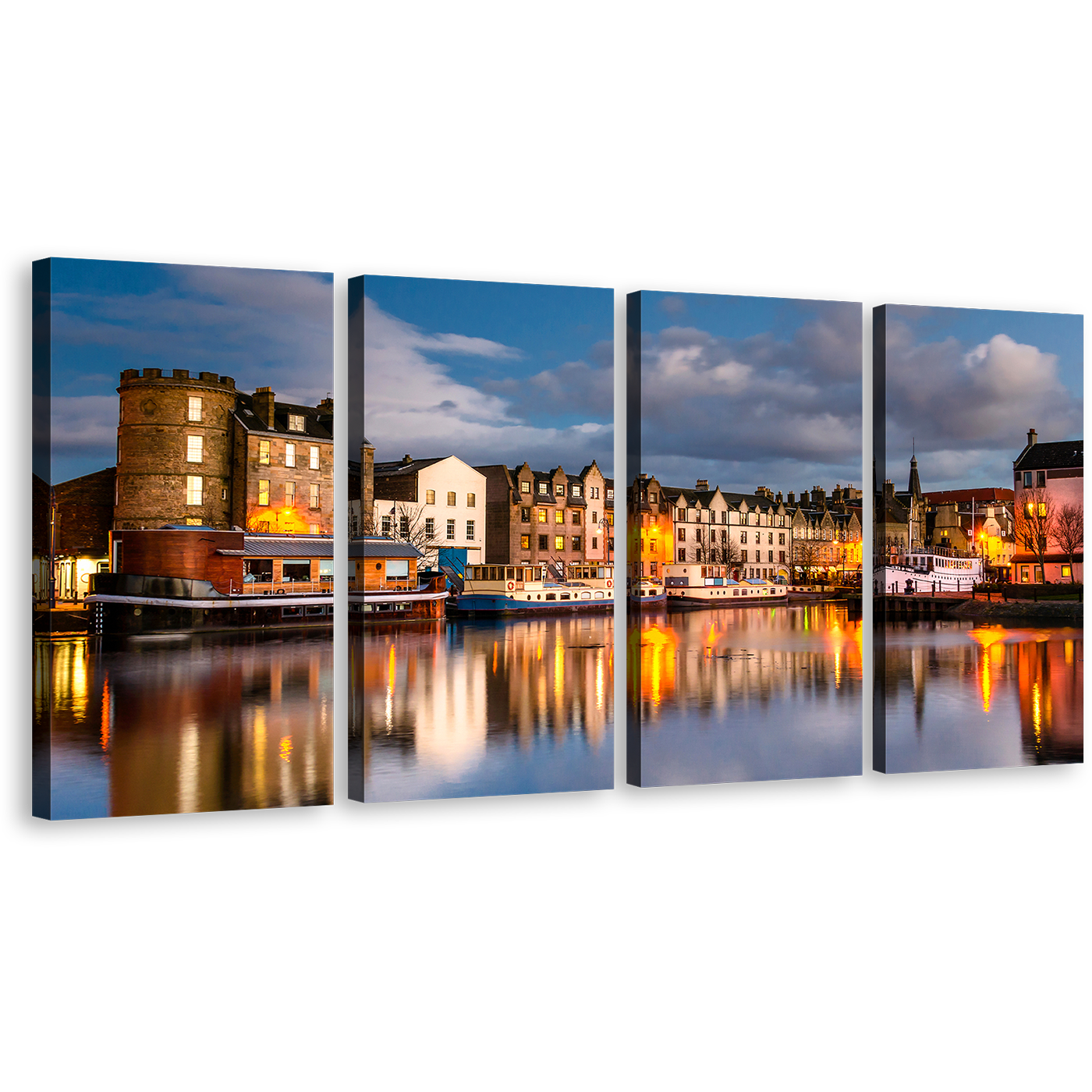 Leith Docks Canvas Print, Edinburgh Blue Cloudy Sky Canal Water Reflection 4 Piece Wall Art, Brown Scotland Houses 4 Piece Multiple Canvas