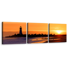 Load image into Gallery viewer, Light Beacon Canvas Wall Art, Black Lighthouse California Beach Canvas Set, Orange Sky Santa Cruz 3 Piece Canvas Print
