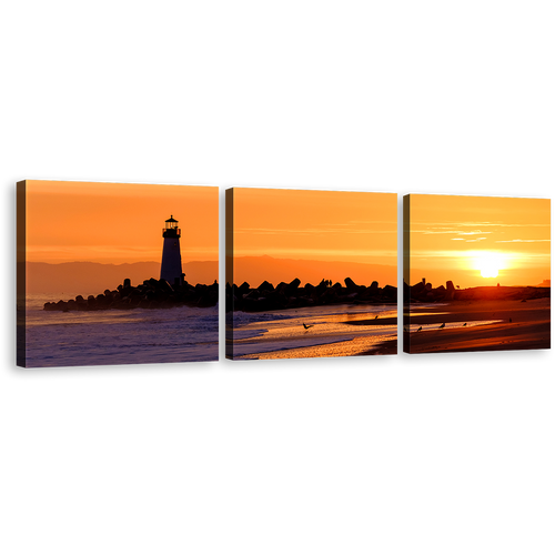 Light Beacon Canvas Wall Art, Black Lighthouse California Beach Canvas Set, Orange Sky Santa Cruz 3 Piece Canvas Print