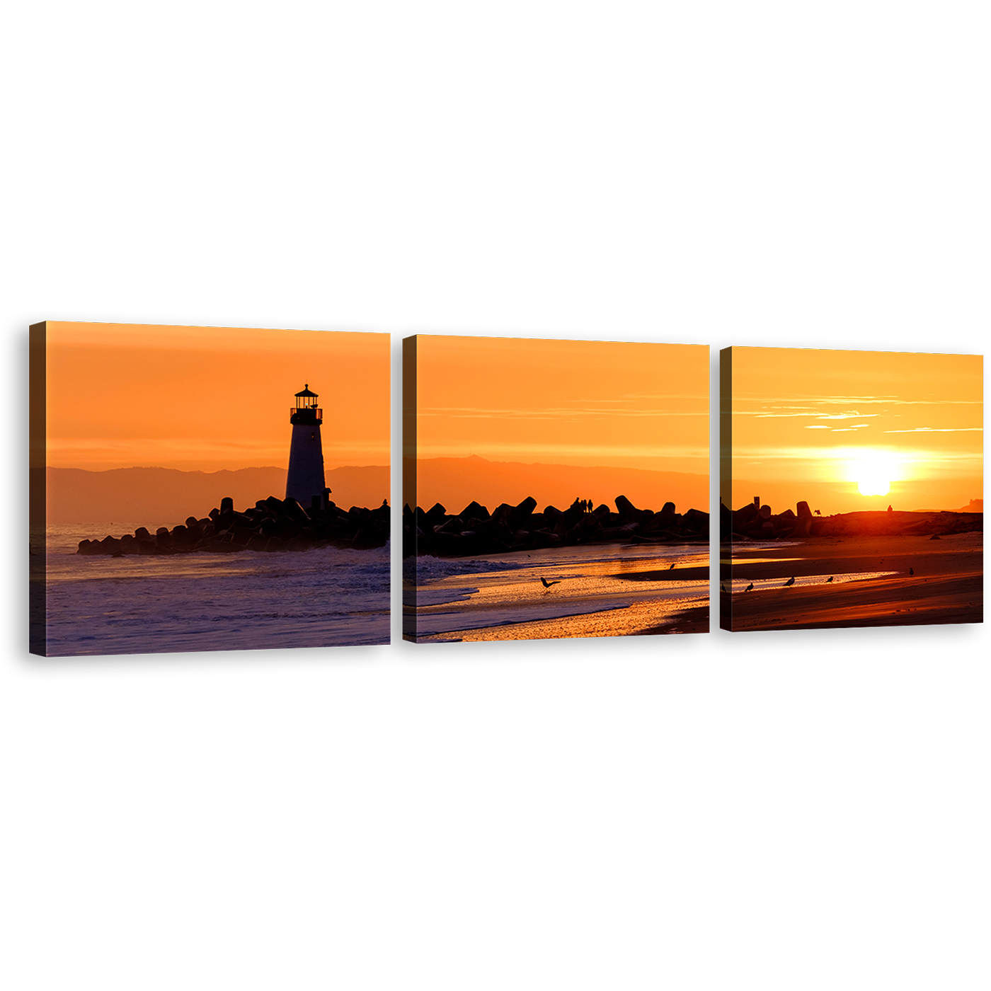 Light Beacon Canvas Wall Art, Black Lighthouse California Beach Canvas Set, Orange Sky Santa Cruz 3 Piece Canvas Print