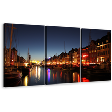 Load image into Gallery viewer, Light Canal Canvas Print, Copenhagen Harbor Boats 3 Piece Canvas Set, Blue Sky Multi Canvas, Orange Nyhavn Harbor Kayak Houses Canvas Wall Art
